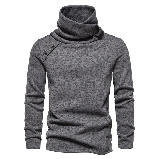 Pulover tricotat de iarnă pentru bărbați, cu guler înalt - pulover cu mâneci lungi, guler drapat și detalii cu nasturi, pentru zile reci, utilizare zilnică și un stil smart casual