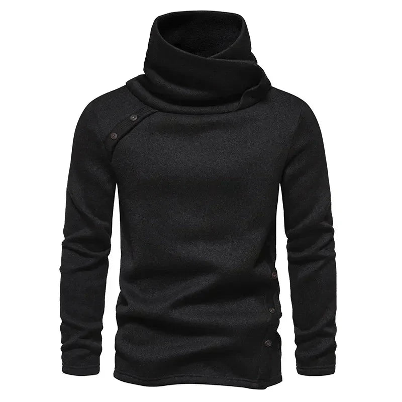 Herre Vinterstrik Med Høj Krave – Langærmet Pullover Med Draperet Krave Og Knapdetaljer Til Kolde Dage, Hverdagsbrug Og Smart Casual Stil