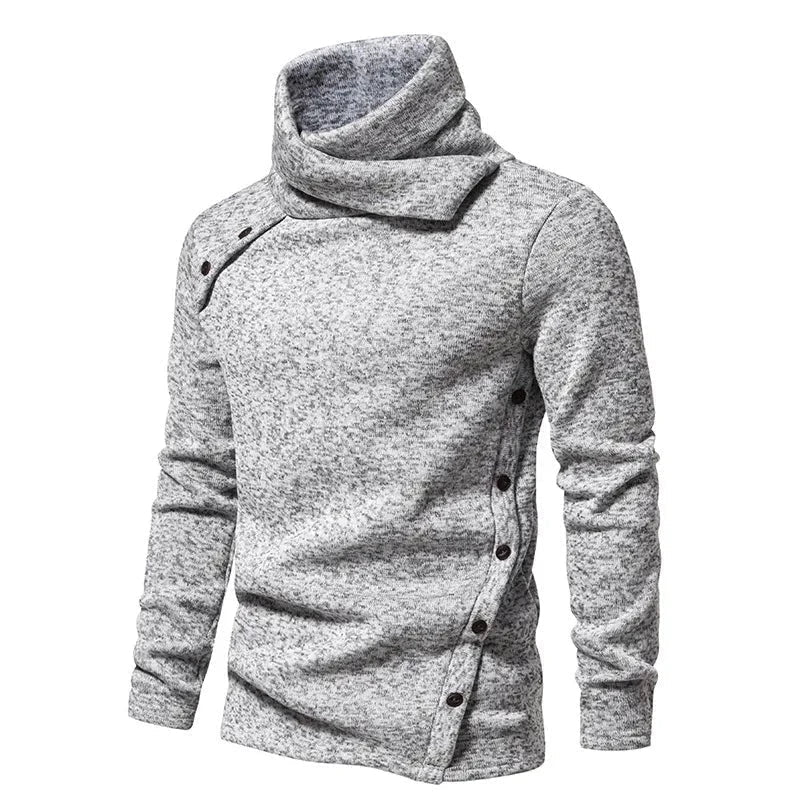 Herre Vinterstrik Med Høj Krave – Langærmet Pullover Med Draperet Krave Og Knapdetaljer Til Kolde Dage, Hverdagsbrug Og Smart Casual Stil