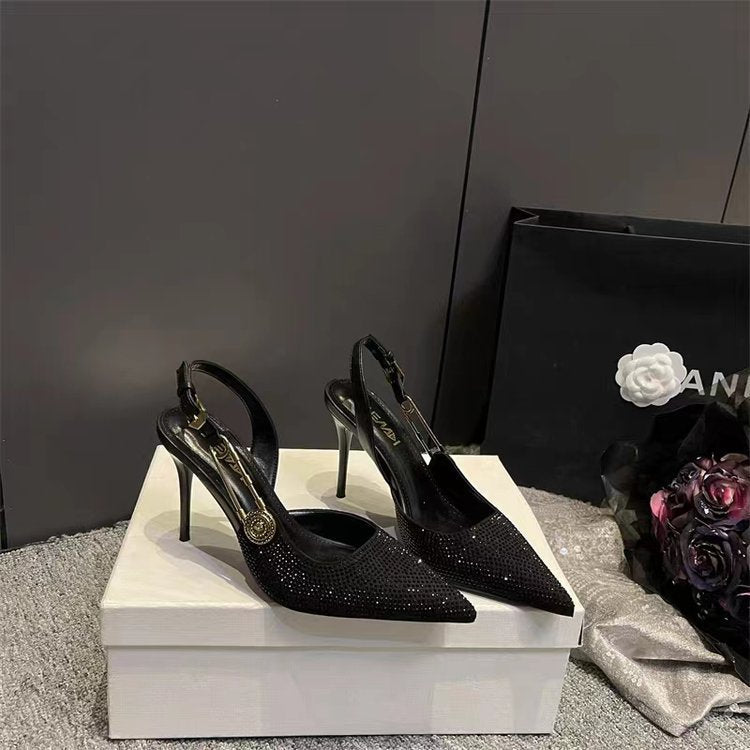 Dame Stiletter Med Rhinsten, Spids Tå Og Slingback