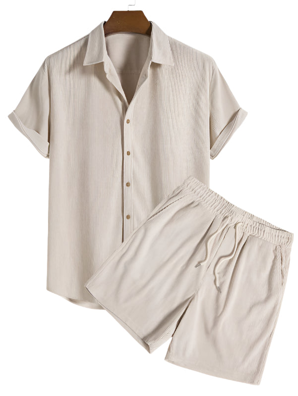 Set minimalist de vară pentru bărbați, cu cămașă cu mânecă scurtă și pantaloni scurți – Set ușor și respirabil din 2 piese pentru vacanță, timp liber, purtare zilnică și stil smart casual