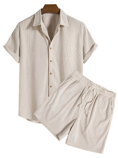 Set minimalist de vară pentru bărbați, cu cămașă cu mânecă scurtă și pantaloni scurți – Set ușor și respirabil din 2 piese pentru vacanță, timp liber, purtare zilnică și stil smart casual