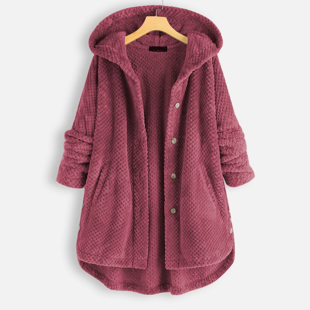 Dámská oversized teddy bunda s kapucí a zapínáním na knoflíky - měkká a hřejivá dlouhá zimní bunda do chladných dnů, na každodenní nošení a volný čas