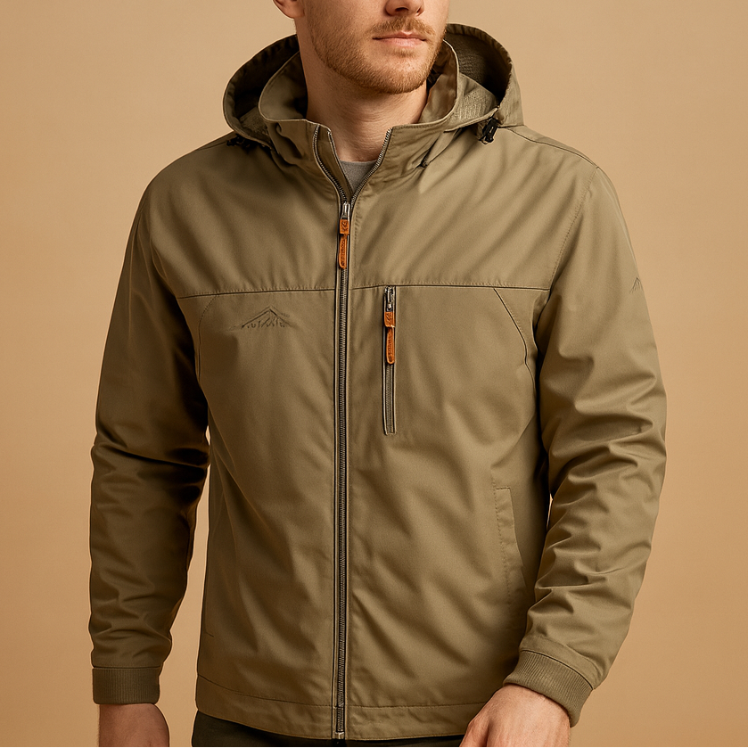 Men's lightweight hooded rain jacket - Waterproof, breathable, and windproof shell jacket with an adjustable hood, zip closure, and practical pockets for travel and outdoor use in autumn