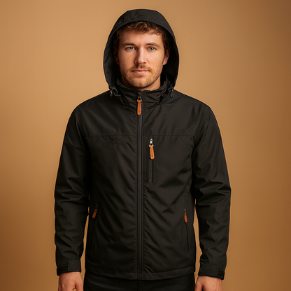 Men's lightweight hooded rain jacket - Waterproof, breathable, and windproof shell jacket with an adjustable hood, zip closure, and practical pockets for travel and outdoor use in autumn