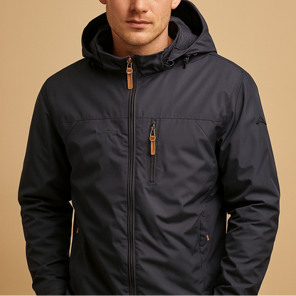 Men's lightweight hooded rain jacket - Waterproof, breathable, and windproof shell jacket with an adjustable hood, zip closure, and practical pockets for travel and outdoor use in autumn