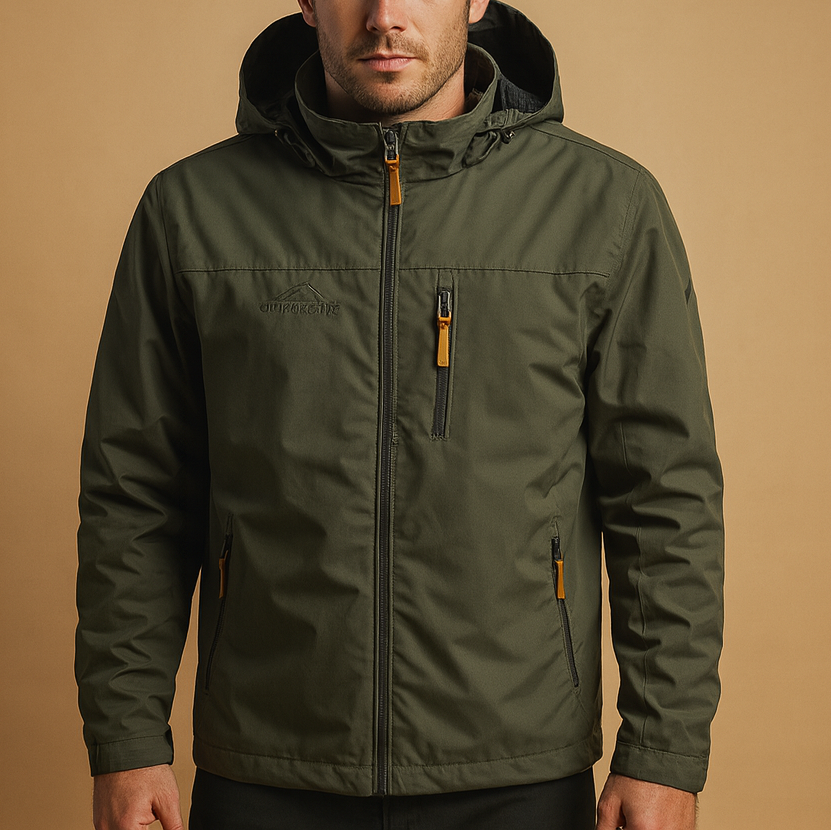 Men's lightweight hooded rain jacket - Waterproof, breathable, and windproof shell jacket with an adjustable hood, zip closure, and practical pockets for travel and outdoor use in autumn