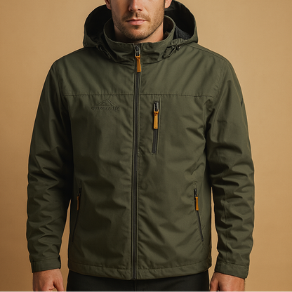 Men's lightweight hooded rain jacket - Waterproof, breathable, and windproof shell jacket with an adjustable hood, zip closure, and practical pockets for travel and outdoor use in autumn