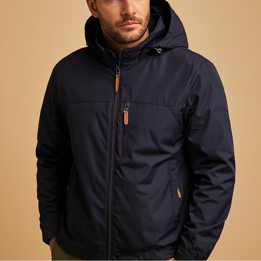 Men's lightweight hooded rain jacket - Waterproof, breathable, and windproof shell jacket with an adjustable hood, zip closure, and practical pockets for travel and outdoor use in autumn