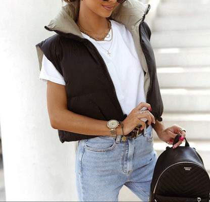 Women's Reversible Quilted Vest with High Collar and Sleeveless Design – Versatile Transitional Vest for Everyday Wear and Stylish Layering