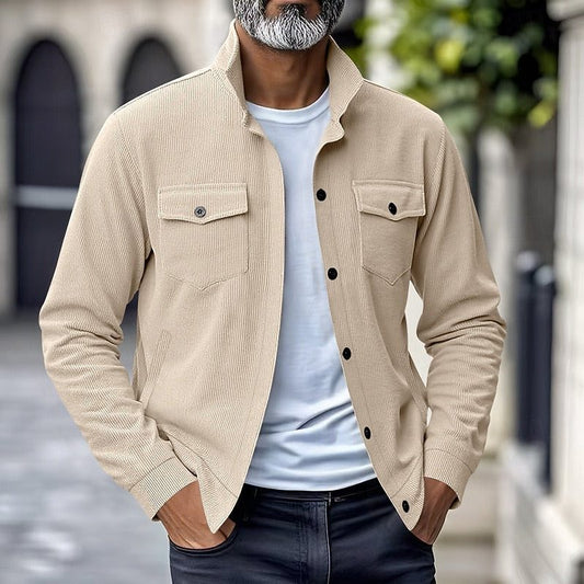 Jachetă bărbătească ușoară, tricotată cu striații fine, cu guler ridicat - jachetă elegantă de tranziție pentru uz zilnic, serviciu și stil smart casual