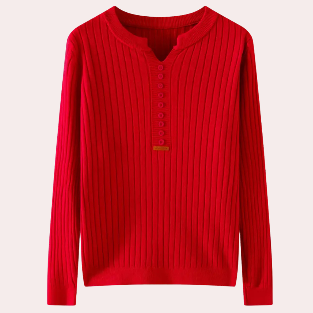 Dame Ribbet Langærmet Striksweater Med Knapudskæring