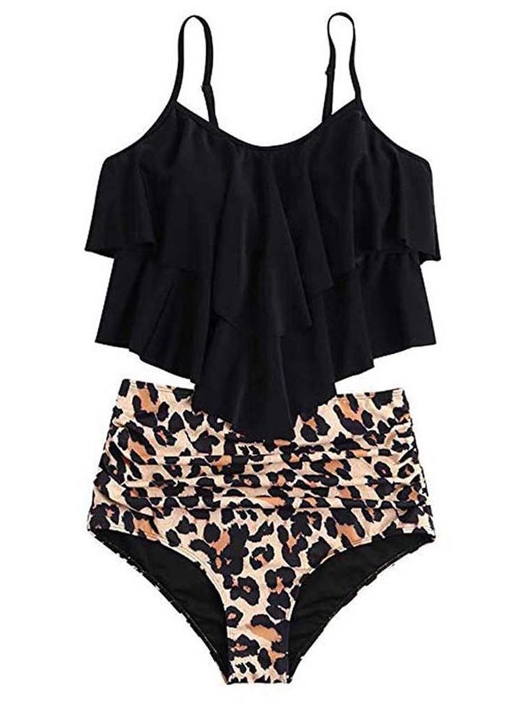 Damski zestaw bikini z wysokim stanem, topem na ramiączkach z falbanką i majtkami bikini w leopardzi wzór – modny strój kąpielowy na plażę, basen i letni urlop
