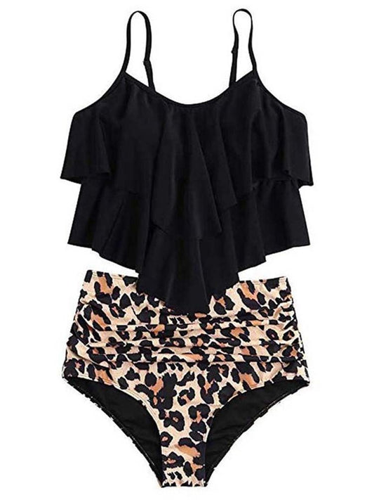 Set de bikini cu talie înaltă pentru femei, cu top tip maiou cu volane și bikini cu imprimeu leopard – Costume de baie moderne pentru plajă, piscină și vacanța de vară