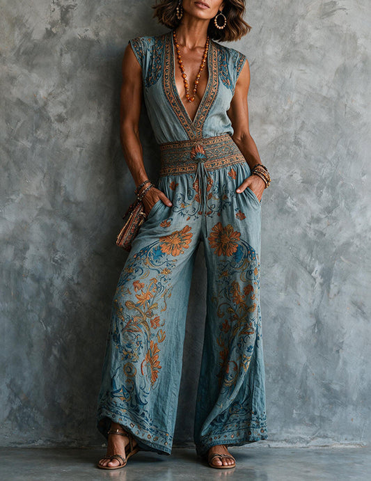 Women’s linen jumpsuit with a bohemian floral pattern and wide legs – relaxed summer jumpsuit for vacations, leisure, everyday wear, and smart-casual style