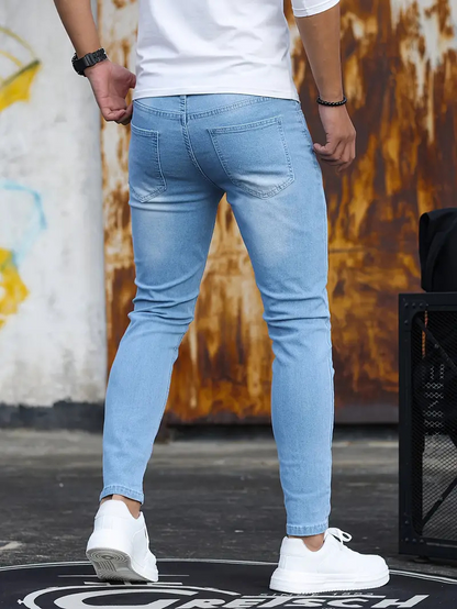 Pánské džíny slim fit s nohavicemi zúženými ke kotníkům a minimalistickým designem - elegantní džínové kalhoty pro každodenní nošení, volný čas a elegantně ležérní styl
