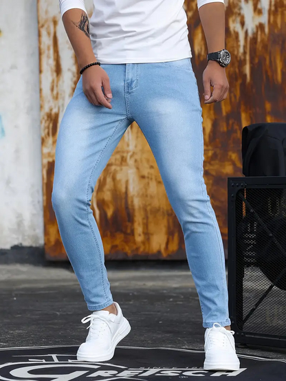 Pánské džíny slim fit s nohavicemi zúženými ke kotníkům a minimalistickým designem - elegantní džínové kalhoty pro každodenní nošení, volný čas a elegantně ležérní styl