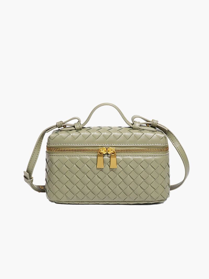 Dame Flettet Box-håndtaske Med Tophåndtag, Crossbody-rem Og Guldfarvet Lynlås – Kompakt Taske Til Hverdagsbrug, Shopping Og Elegante Aftenanledninger