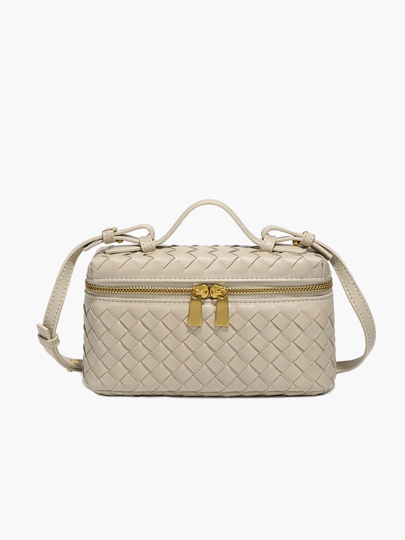 Dame Flettet Box-håndtaske Med Tophåndtag, Crossbody-rem Og Guldfarvet Lynlås – Kompakt Taske Til Hverdagsbrug, Shopping Og Elegante Aftenanledninger