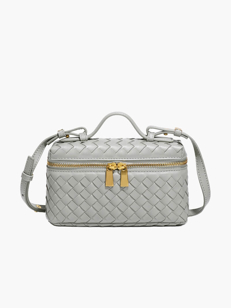 Dame Flettet Box-håndtaske Med Tophåndtag, Crossbody-rem Og Guldfarvet Lynlås – Kompakt Taske Til Hverdagsbrug, Shopping Og Elegante Aftenanledninger