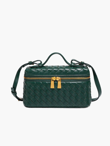 Dame Flettet Box-håndtaske Med Tophåndtag, Crossbody-rem Og Guldfarvet Lynlås – Kompakt Taske Til Hverdagsbrug, Shopping Og Elegante Aftenanledninger