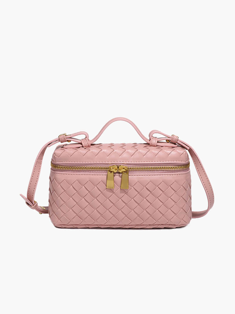 Dame Flettet Box-håndtaske Med Tophåndtag, Crossbody-rem Og Guldfarvet Lynlås – Kompakt Taske Til Hverdagsbrug, Shopping Og Elegante Aftenanledninger