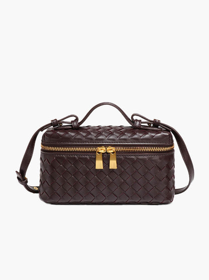 Dame Flettet Box-håndtaske Med Tophåndtag, Crossbody-rem Og Guldfarvet Lynlås – Kompakt Taske Til Hverdagsbrug, Shopping Og Elegante Aftenanledninger