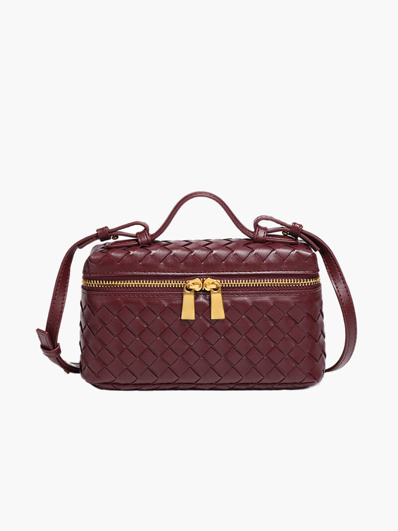 Dame Flettet Box-håndtaske Med Tophåndtag, Crossbody-rem Og Guldfarvet Lynlås – Kompakt Taske Til Hverdagsbrug, Shopping Og Elegante Aftenanledninger