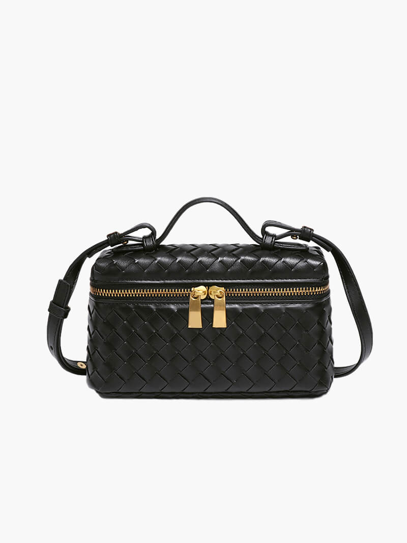 Dame Flettet Box-håndtaske Med Tophåndtag, Crossbody-rem Og Guldfarvet Lynlås – Kompakt Taske Til Hverdagsbrug, Shopping Og Elegante Aftenanledninger
