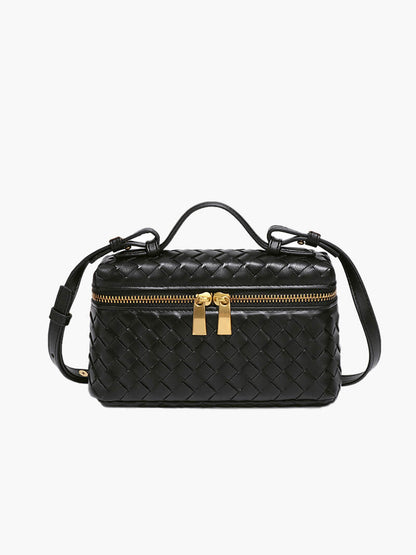 Dame Flettet Box-håndtaske Med Tophåndtag, Crossbody-rem Og Guldfarvet Lynlås – Kompakt Taske Til Hverdagsbrug, Shopping Og Elegante Aftenanledninger