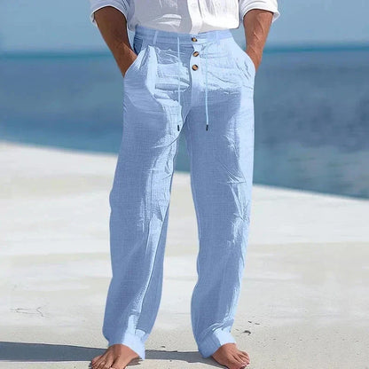 Pantaloni bărbătești din in, cu talie cu șnur și croială lejeră – pantaloni de vară ușori pentru plajă, vacanță și purtare de zi cu zi