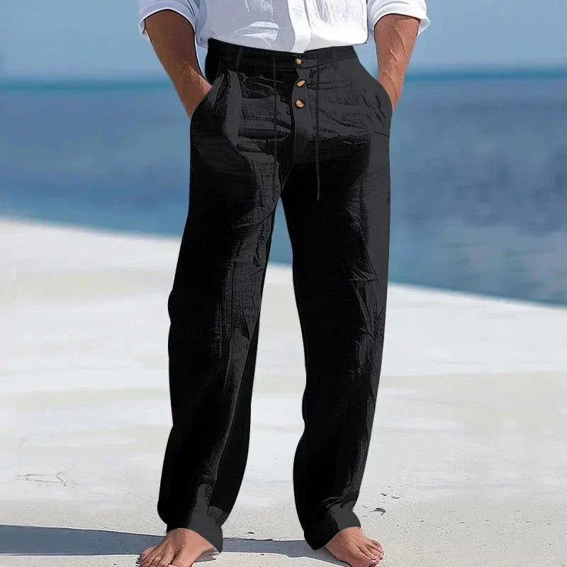Pantaloni bărbătești din in, cu talie cu șnur și croială lejeră – pantaloni de vară ușori pentru plajă, vacanță și purtare de zi cu zi