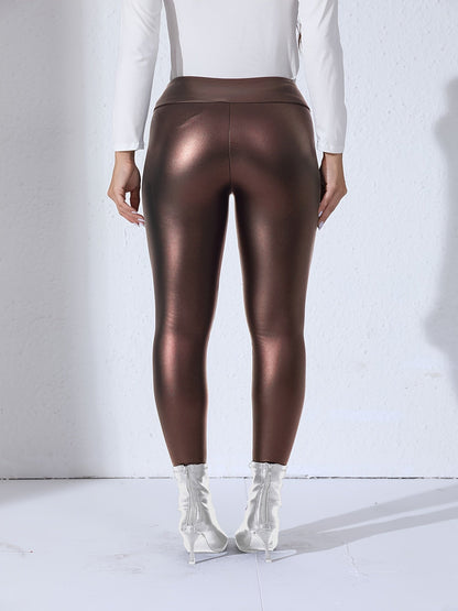 Colanți de damă din piele PU, cu talie înaltă și croială slim – pantaloni eleganți pentru purtare zilnică, timp liber și ținute casual
