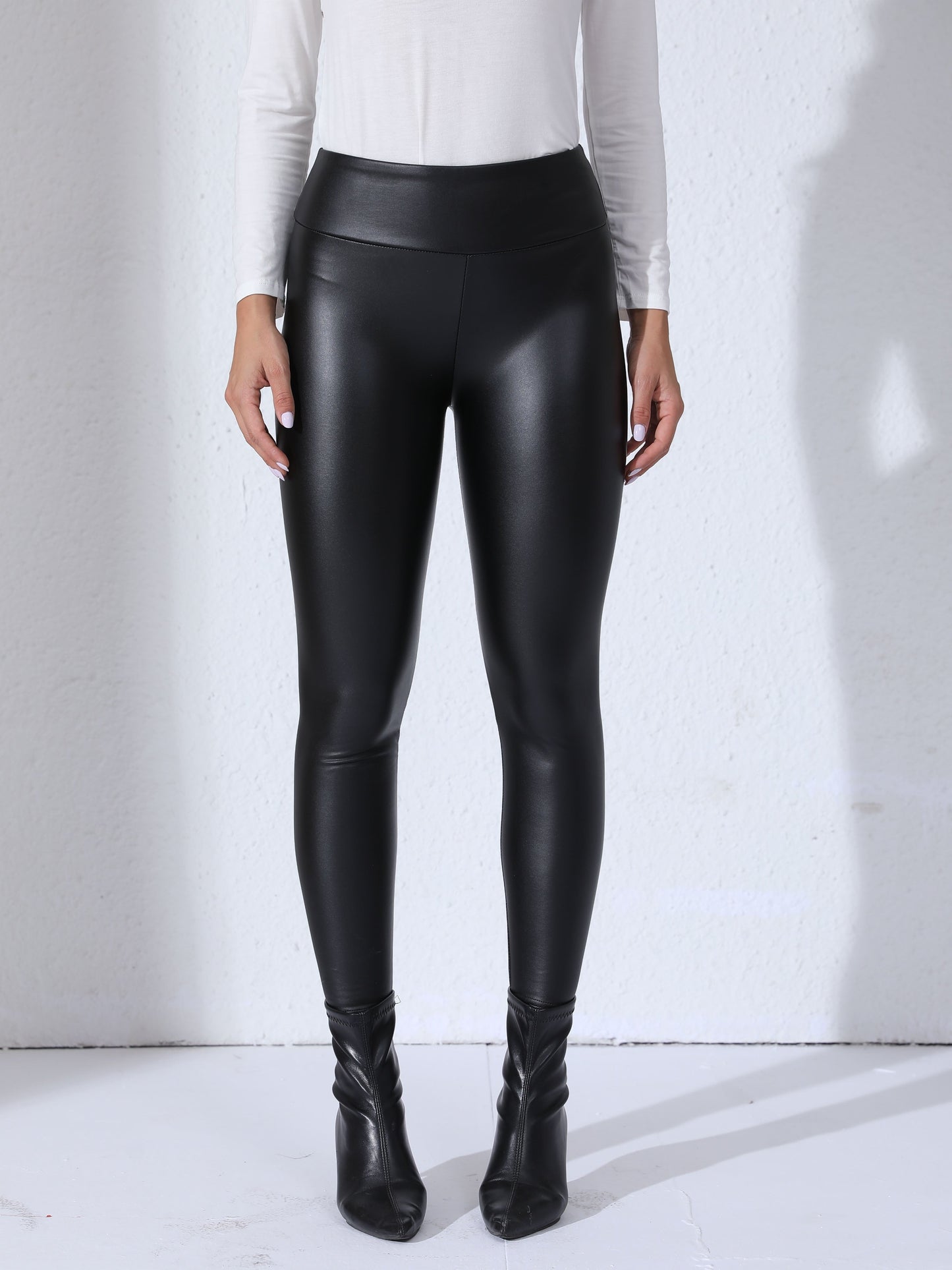 Colanți de damă din piele PU, cu talie înaltă și croială slim – pantaloni eleganți pentru purtare zilnică, timp liber și ținute casual