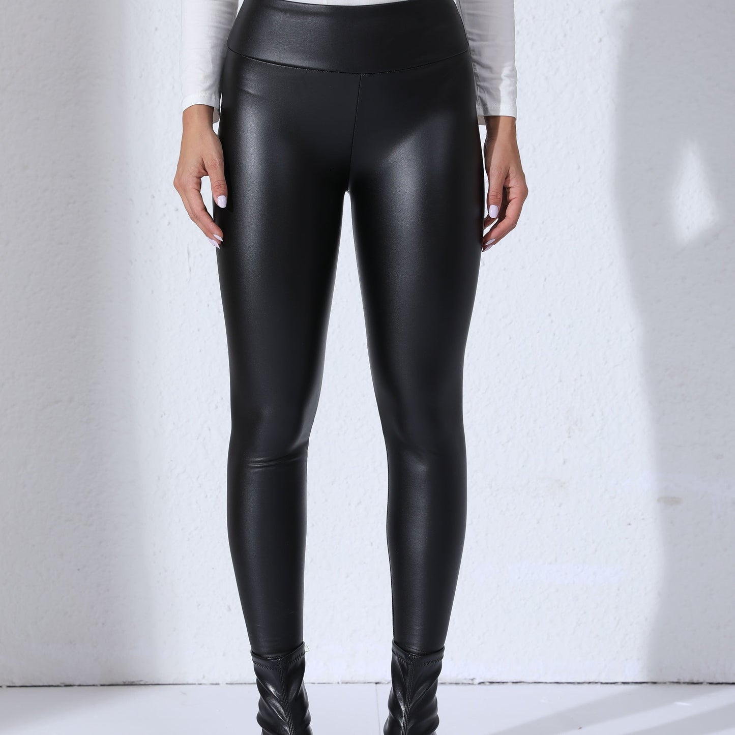 Colanți de damă din piele PU, cu talie înaltă și croială slim – pantaloni eleganți pentru purtare zilnică, timp liber și ținute casual