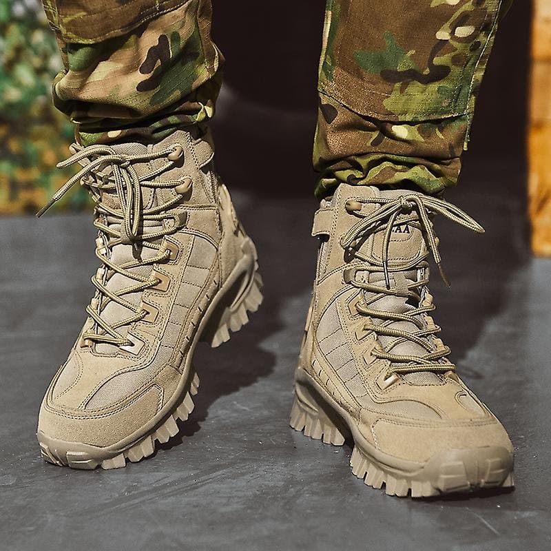 Men's tactical hiking boots with a reinforced mid-top design and laces - rugged boots with deep-tread soles for hiking and outdoor use