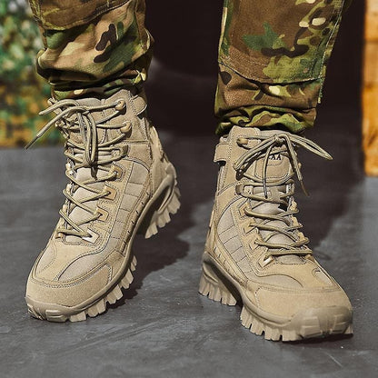 Men's tactical hiking boots with a reinforced mid-top design and laces - rugged boots with deep-tread soles for hiking and outdoor use
