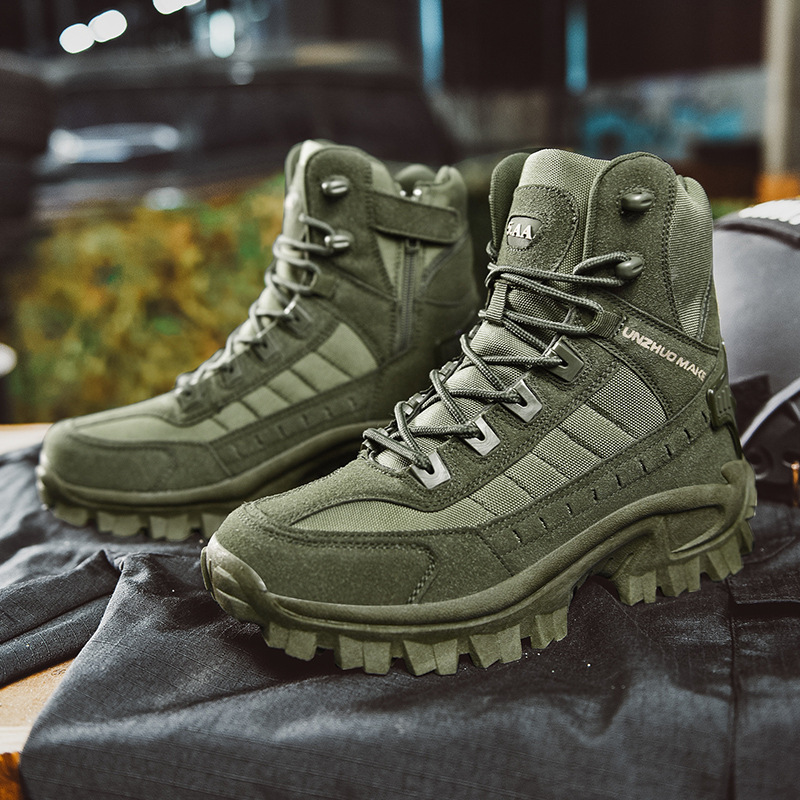 Men's tactical hiking boots with a reinforced mid-top design and laces - rugged boots with deep-tread soles for hiking and outdoor use