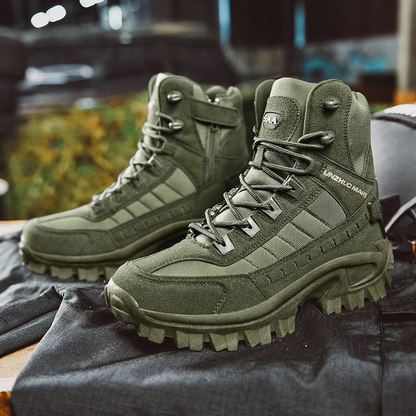Men's tactical hiking boots with a reinforced mid-top design and laces - rugged boots with deep-tread soles for hiking and outdoor use