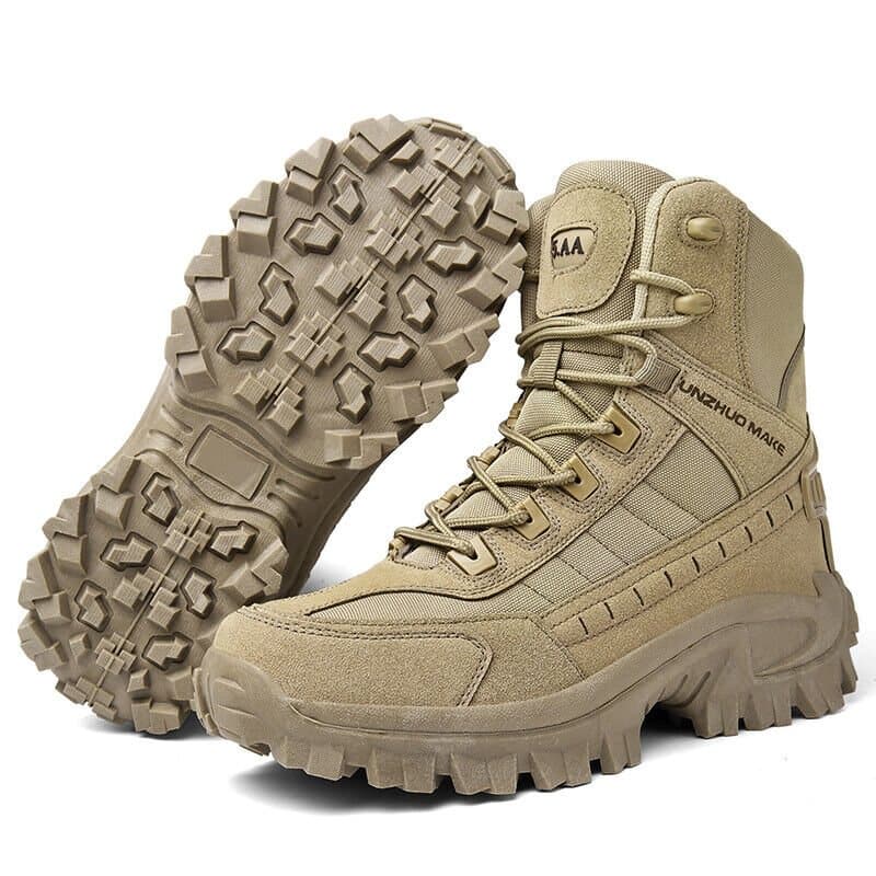 Men's tactical hiking boots with a reinforced mid-top design and laces - rugged boots with deep-tread soles for hiking and outdoor use