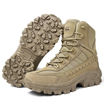 Men's tactical hiking boots with a reinforced mid-top design and laces - rugged boots with deep-tread soles for hiking and outdoor use