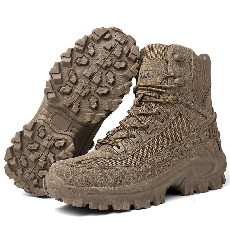Men's tactical hiking boots with a reinforced mid-top design and laces - rugged boots with deep-tread soles for hiking and outdoor use