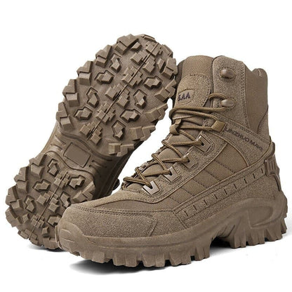 Men's tactical hiking boots with a reinforced mid-top design and laces - rugged boots with deep-tread soles for hiking and outdoor use