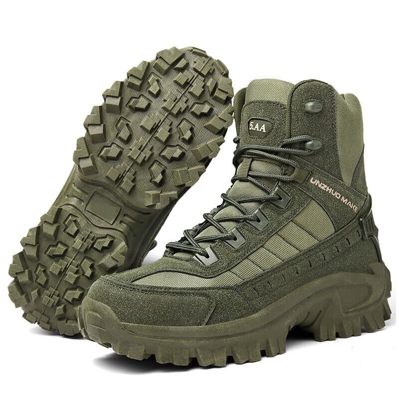 Men's tactical hiking boots with a reinforced mid-top design and laces - rugged boots with deep-tread soles for hiking and outdoor use