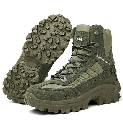 Men's tactical hiking boots with a reinforced mid-top design and laces - rugged boots with deep-tread soles for hiking and outdoor use