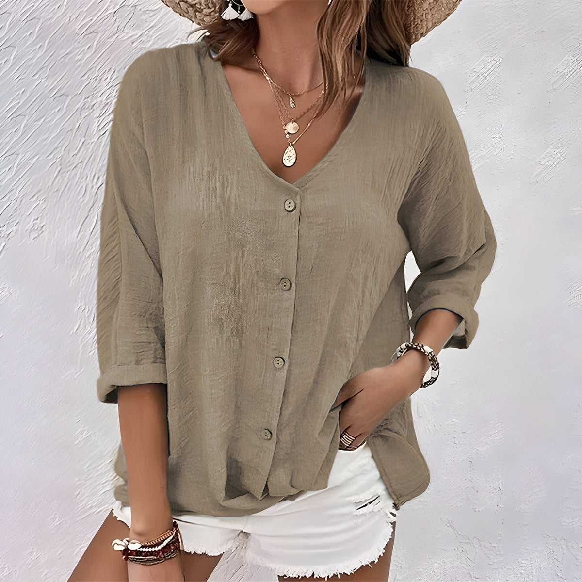 Women's Relaxed Blouse with V-Neck, Button Closure, and Three-Quarter Sleeves – Elegant Top for Everyday Wear, the Office, Holidays, and Smart Casual Style