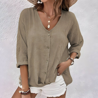Women's Relaxed Blouse with V-Neck, Button Closure, and Three-Quarter Sleeves – Elegant Top for Everyday Wear, the Office, Holidays, and Smart Casual Style