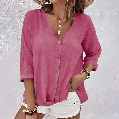 Women's Relaxed Blouse with V-Neck, Button Closure, and Three-Quarter Sleeves – Elegant Top for Everyday Wear, the Office, Holidays, and Smart Casual Style