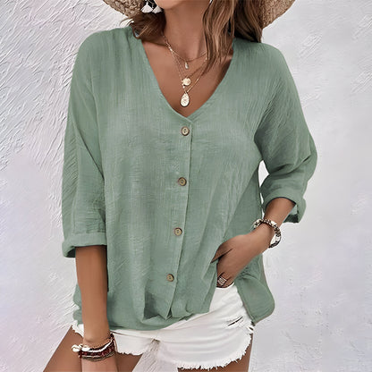 Women's Relaxed Blouse with V-Neck, Button Closure, and Three-Quarter Sleeves – Elegant Top for Everyday Wear, the Office, Holidays, and Smart Casual Style