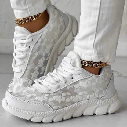 Women's orthopedic sneakers with lace panels, laces, and padded chunky sole - comfortable shoes for walks, travel, and casual everyday wear